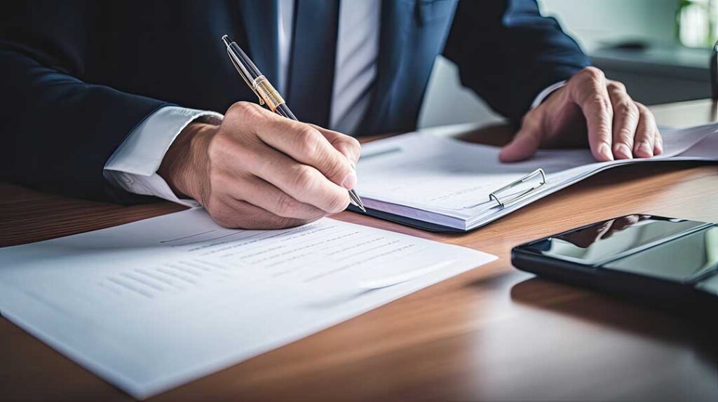 A homeowner reviews a late insurance notice and payment records at a kitchen table.